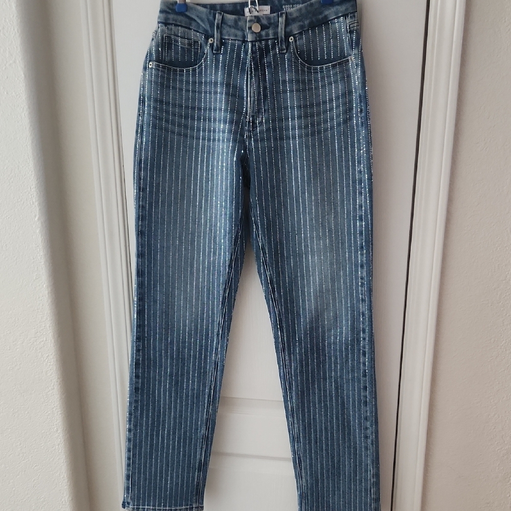 Good American Good Icon Straight Jeans With Rhinestones, Size 6/28